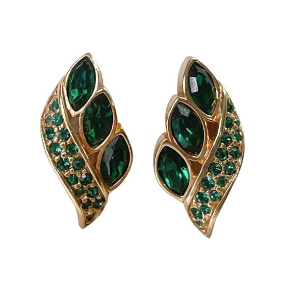 1980s Swarovski Swan Signed Gold Plate Green Crystal Gold Plated Clip Earrings - Picture 3 of 3